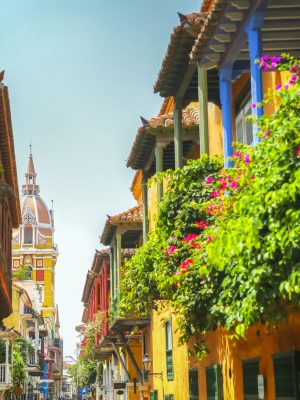 Cartagena, Columbia - April 4, 2017: Lush balcony planters along the street looking towards town square in the old town of Cartagena Columbia